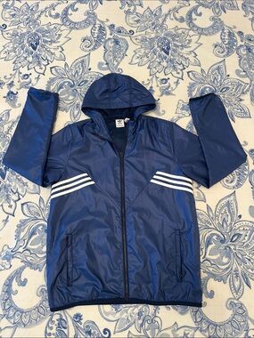 adidas Royal Blue Hooded Zip Windbreaker with White Stripes